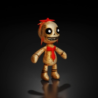 Voodoo doll with stitched features, large round eyes, red ribbons.