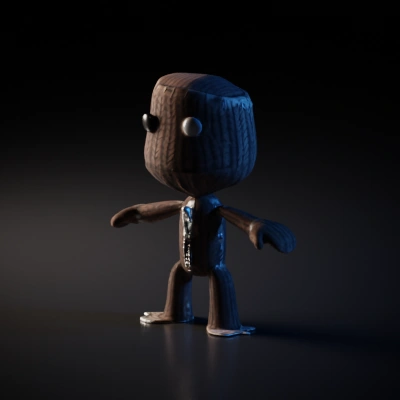Knitted humanoid doll, zipper down the front.