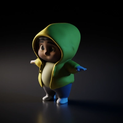Chubby cartoon child in hoodie, big eyes, gold chain.