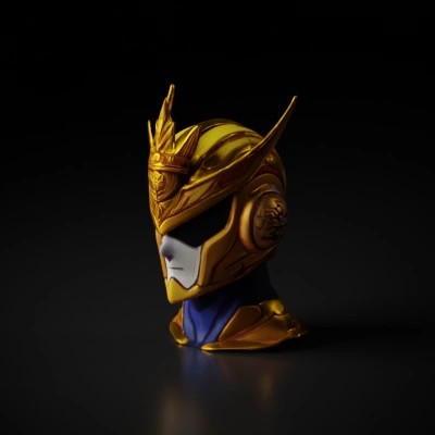 Human-like armored helmet, intricate designs, gold accents.