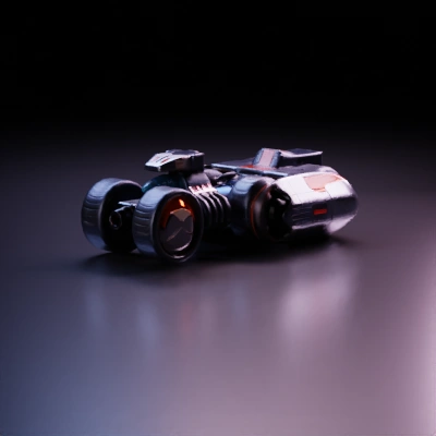 Four-wheeled futuristic vehicle with mechanical details.