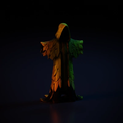Hooded cloak covered with leaves and tree bark, t-pose.
