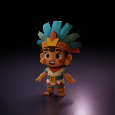 Cartoon Aztec child character with feathered headdress.