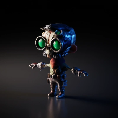 Steampunk zombie character with large goggles.