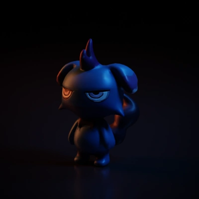 Animated creature with a sullen expression, horns.