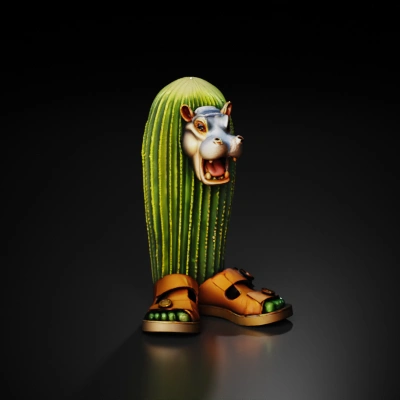 Cactus with hippo head and sandals.
Get rid of the dark shadows on the right side of the character. Both sides need to create the same tread.