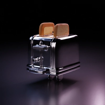 Toaster with two slices of bread, reflective surface.