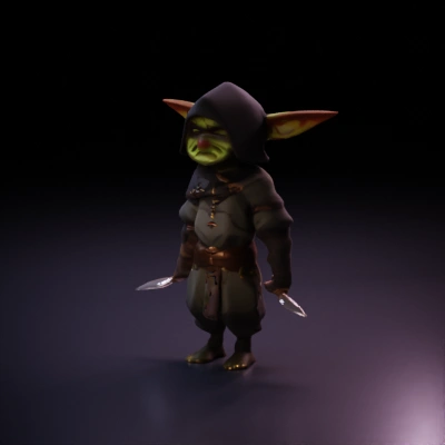 Hooded goblin figure with dual daggers. brown adeventurer hood and bronze dagger