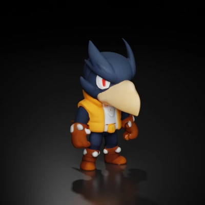 Anthropomorphic bird character, wears vest and cuffs.