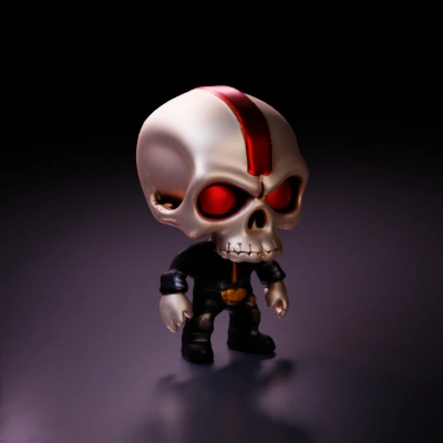 Skeletonized figure with red eyes and biker outfit.
