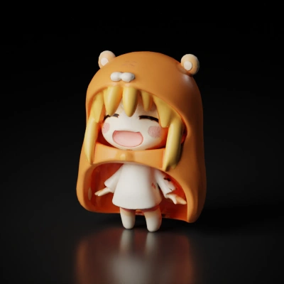 Chibi character in bear hoodie, smiling face. japanese anime, figurines, umr, high detail