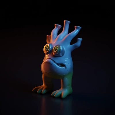 Alien creature with multiple tentacles, two legs, large eyes.