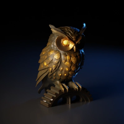 steampunk mechanical owl with glowing eyes.