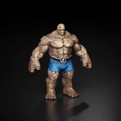 Stone-skinned humanoid with muscular build, superhero shorts.