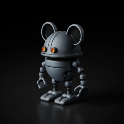 Robot with mouse ears and glowing eyes, humanoid shape.