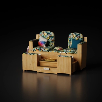 Double pedicure station, light natural oak wood casing with fine straight grain and warm honey tone, tropical botanical quilted upholstery in deep teal forest green mustard yellow and ochre large-leaf print with button tufting, round matte white ceramic foot spa basins, brushed stainless steel gooseneck faucets, small matching botanical fabric footrest pads, dark charcoal matte centre tray, built-in drawer with chrome socket detail, three-quarter angle view, black background, product photography, studio lighting, photorealistic, 8K