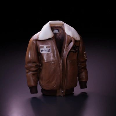 Aviator jacket with fur collar, military badges, multiple pockets.