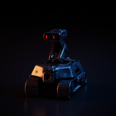 Tracked surveillance robot with cameras, futuristic design.