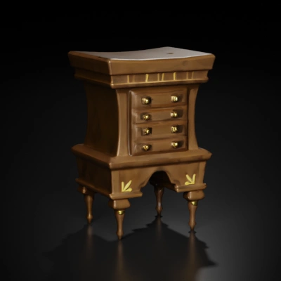 Wooden cabinet with four drawers, ornate legs.