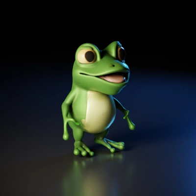 Cartoon frog, wide eyes, big smile.