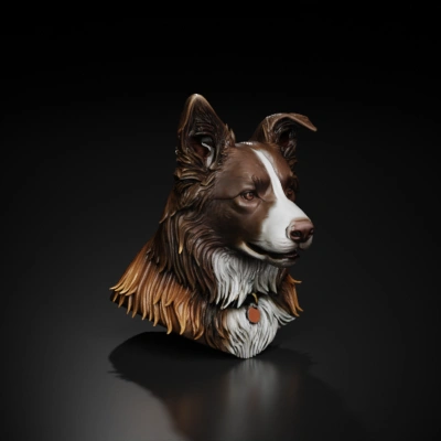 realistic border collie memorial statue bust, faithful likeness to reference images, centered pose, clean silhouette, strong readable forms for 3D printing, solid neck and chest mass, simplified fur clumps instead of thin strands, plain rectangular plinth, no text, no dates, no small engraved details.
