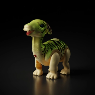 Dinosaur robot toy, realistic details, smiling expression.