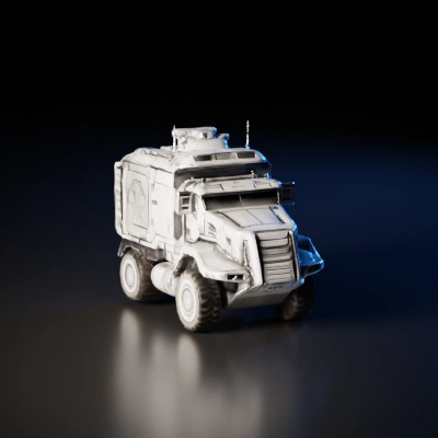 Armored military truck, heavily armored, communication antennas, rugged wheels.