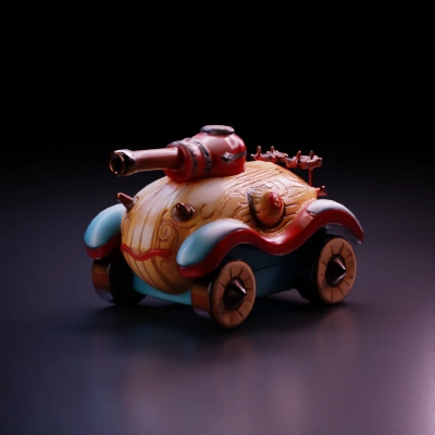 Cannon-mounted wooden vehicle with wheels. wheels are symmetric and exact same, wheels are separate elements, cannon is separate mesh to be able to rotate it