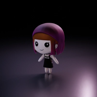 Cartoon girl character, simple design, black dress, smiling face. have a hat