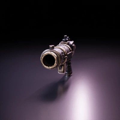 Ornate steampunk weapon, intricate engravings.
