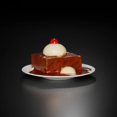 Slice of chocolate cake with ice cream, dessert.