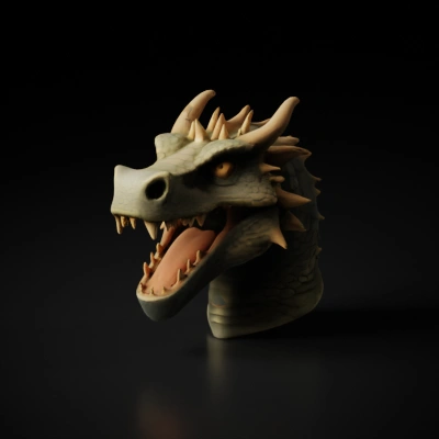 Dragon head with detailed scales, open mouth, sharp teeth.