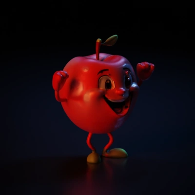 Anthropomorphic apple character, smiling with arms raised.