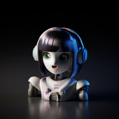 Cutesy sci-fi robot with large green eyes, headphones.