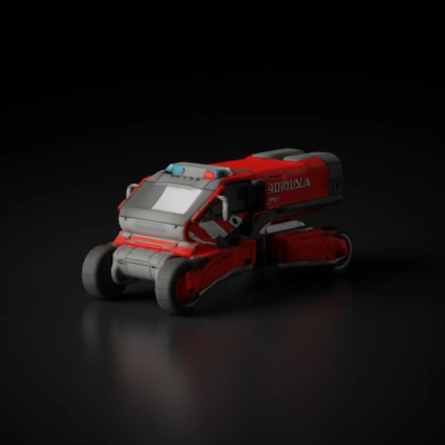 Futuristic ambulance vehicle with caterpillar tracks.