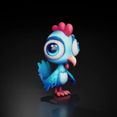 Big-eyed cartoon bird character, exaggerated features, cute design.