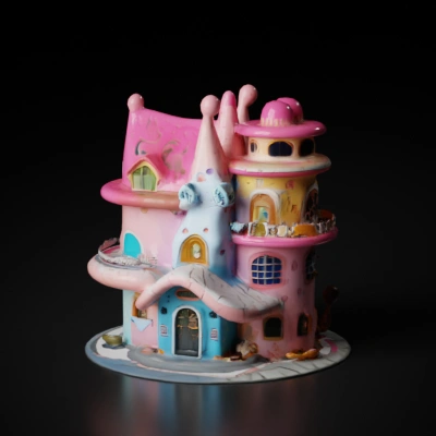 Whimsical cartoonish house, toy-like, multi-layered, imaginative.
