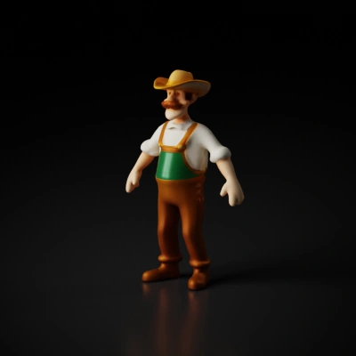 Farm man with mustache, hat, overalls, welcoming posture.