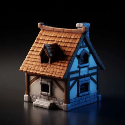 Medieval-style wooden house with detailed roof.