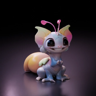 Cute animated baby dragon with butterfly, vibrant wings.