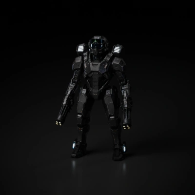 Futuristic armored combat soldier in exosuit.