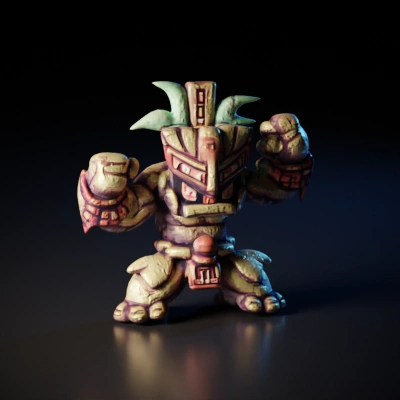 Stone-headed tribal warrior, animated character.