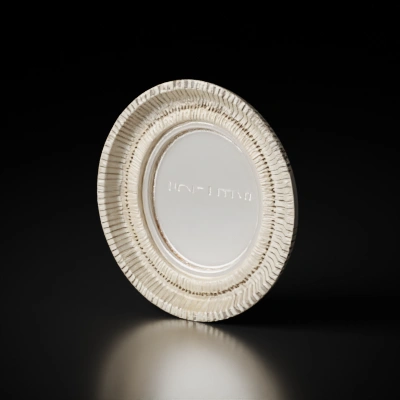 circular-shaped photo frame with a decorative ribbed pattern. The frame has a rustic, vintage look, with a distressed finish, giving it an antique vibe. Gold and white paint