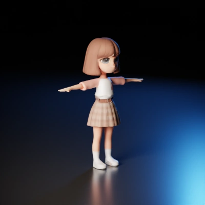 Big-eyed cartoon girl character, arms outstretched for rigging.