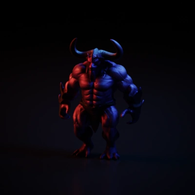 Muscular demon-like creature with large horns, wearing armor gloves.