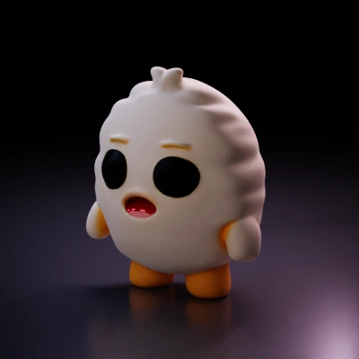 Cute wide-eyed round character with tiny limbs.