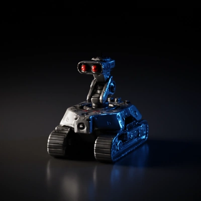 Small surveillance robot with camera eyes, tank-like tracks.