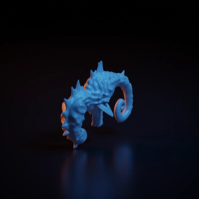 Detailed seahorse sculpture, ornamental design, fantasy element. symmetric geometry, smooth edges, complex geometry, character
