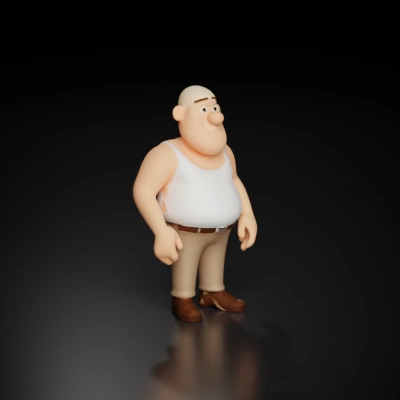 Cartoon bald man with big belly wearing tank top standing in a relaxed pose with one hand on his hip.
