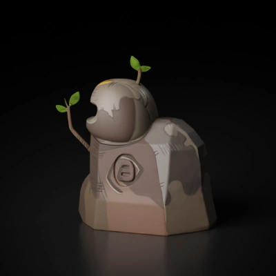 Stylized rock with plant growth.